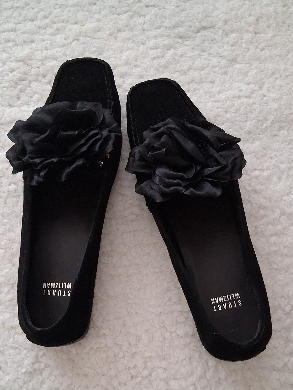 Stuart Weitzman Black Floral Appliqué Slip-On Mules